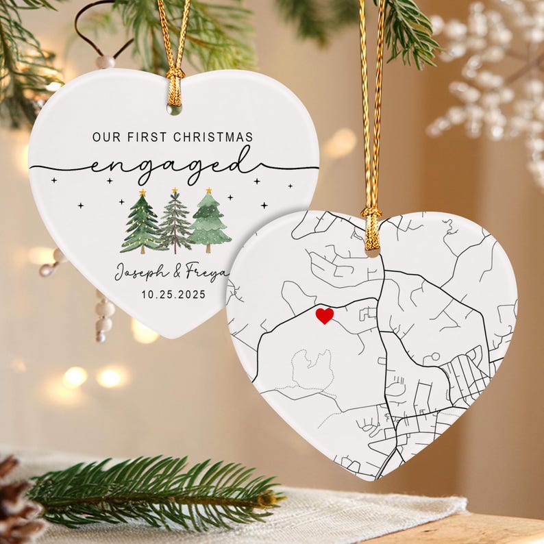 Custom Engagement Map Heart Ornament, First Christmas Engaged Gift