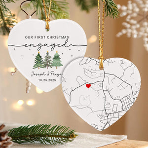 Custom Engagement Map Heart Ornament, First Christmas Engaged Gift