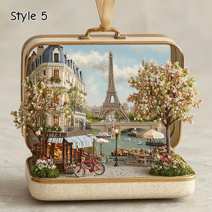 Lighted Paris Suitcase Ornament, Eiffel Tower Christmas Decor, Miniature Diorama, Parisian Scene Holiday Gift, Travel Theme Decoration