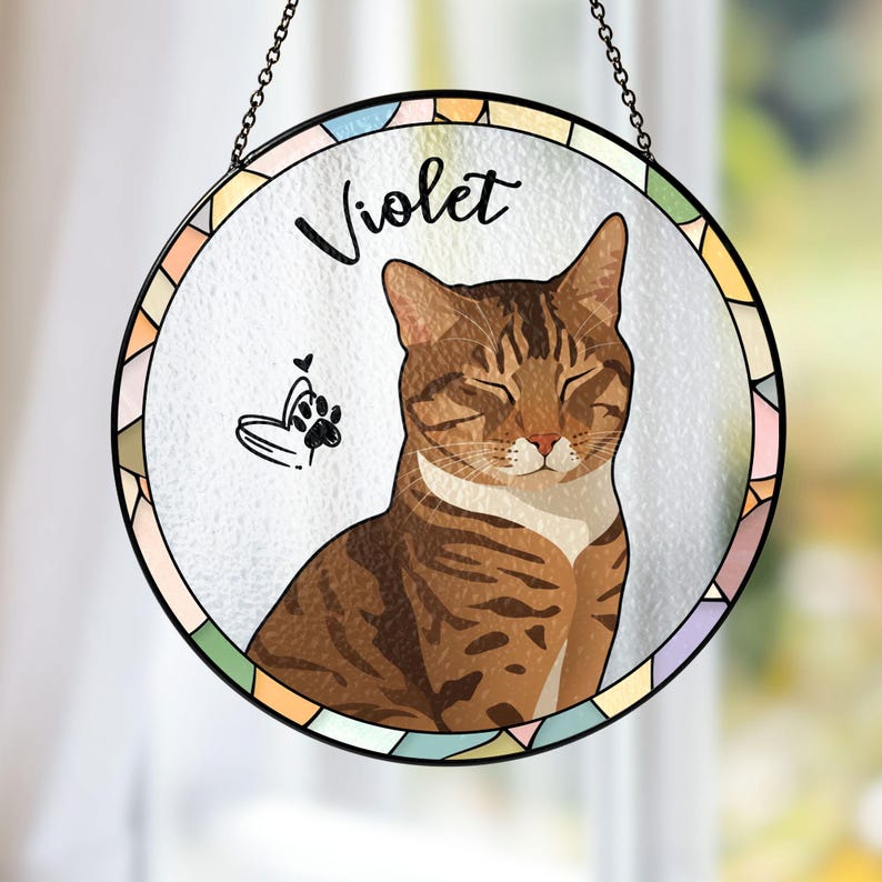 Personalized Hand-Painted Pet Portrait From Photos Stained Glass Suncatcher, Family Image with Pet, Cat Memorial Gift, Custom Dog Photo