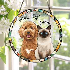 Personalized Hand-Painted Pet Portrait From Photos Stained Glass Suncatcher, Family Image with Pet, Cat Memorial Gift, Custom Dog Photo