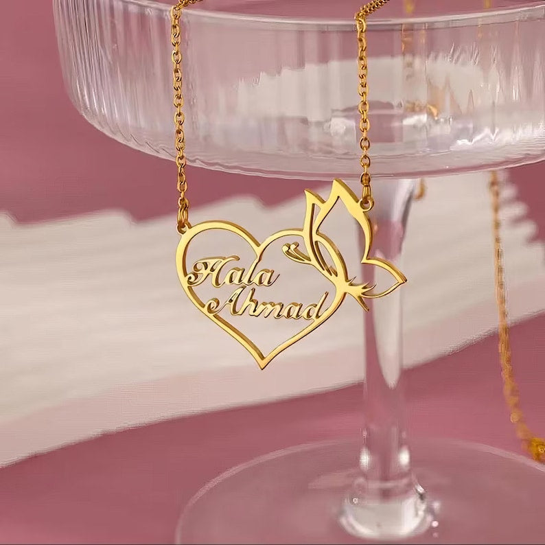 Personalized Two Name Necklace, Custom 2 Names Heart Butterfly Pendant, Double Name Jewelry, Gift for Mom Wife Girlfriend, Gold or Silver