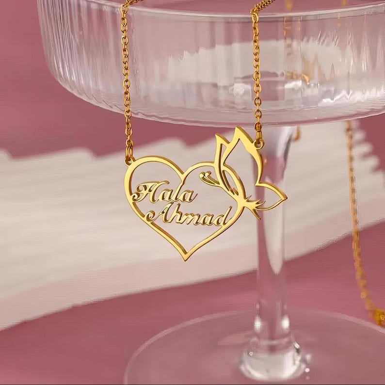 Personalized 2 Names Necklace,Custom Two Name Heart Butterfly Necklace,Personalized Name Pendant,Gift for Mom Wife Girlfriend,Gold or Silver