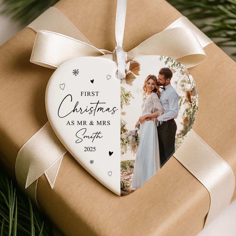 Personalised 1st Christmas Married Bauble | Photo Heart Ceramic | First Christmas as Mr & Mrs Ornament