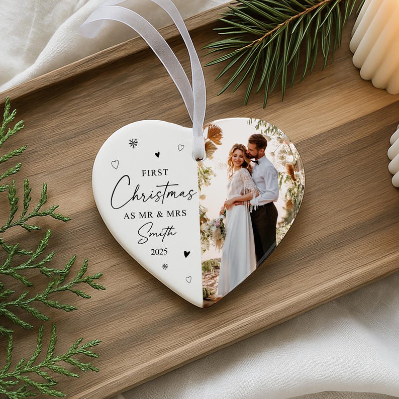 Personalised 1st Christmas Married Bauble | Photo Heart Ceramic | First Christmas as Mr & Mrs Ornament