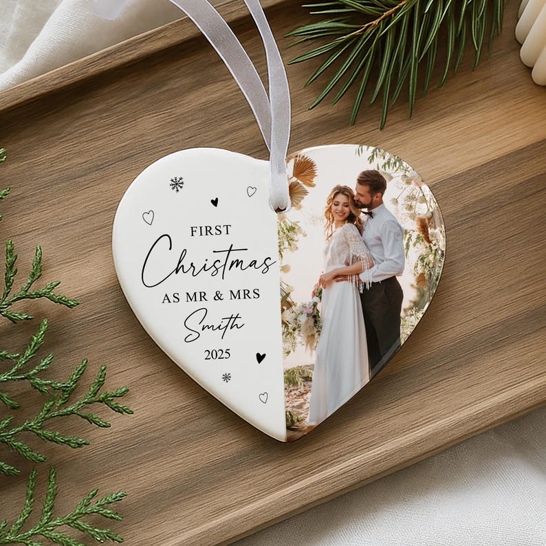 Personalised 1st Christmas Married Bauble | Photo Heart Ceramic | First Christmas as Mr & Mrs Ornament