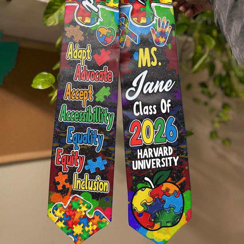 Personalized Autism-Themed Graduation Stole with Colorful Puzzle Design Graduation Stole, Graduate Gifts Graduation Day Gift