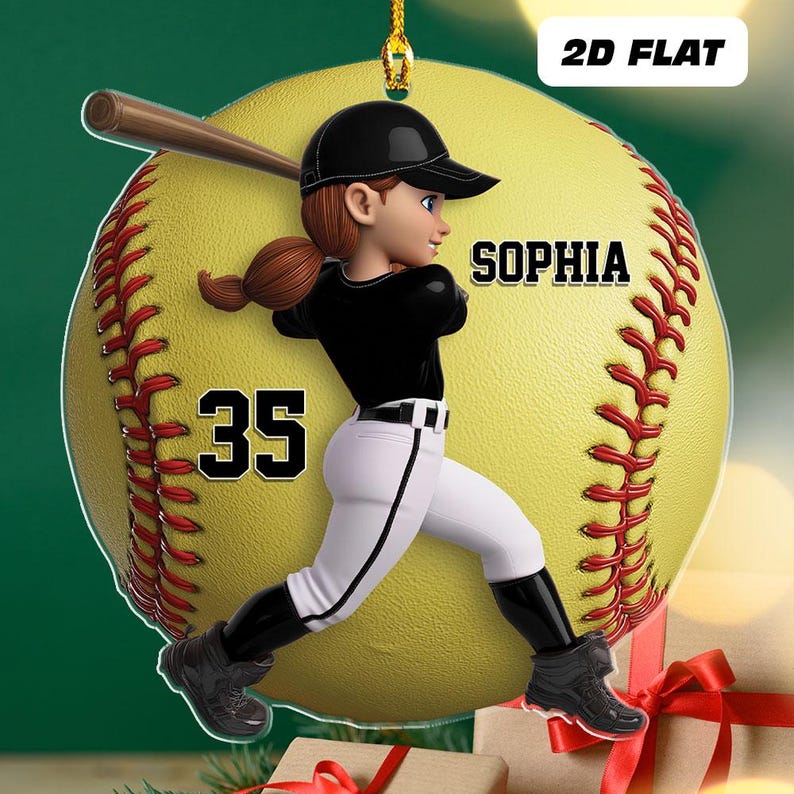 Personalized Girl Softball Players Ornament, Player Name & Number, Sports Xmas Gift, Christmas Tree Decor