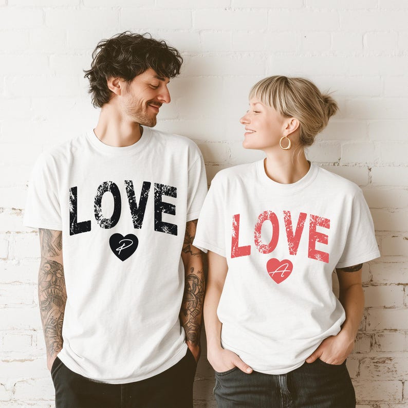 Custom Love Couple T-Shirts Personalized Name Initial Heart Shirts, Matching Valentine s Day Gift for Couples, Custom Letter Sweatshirt