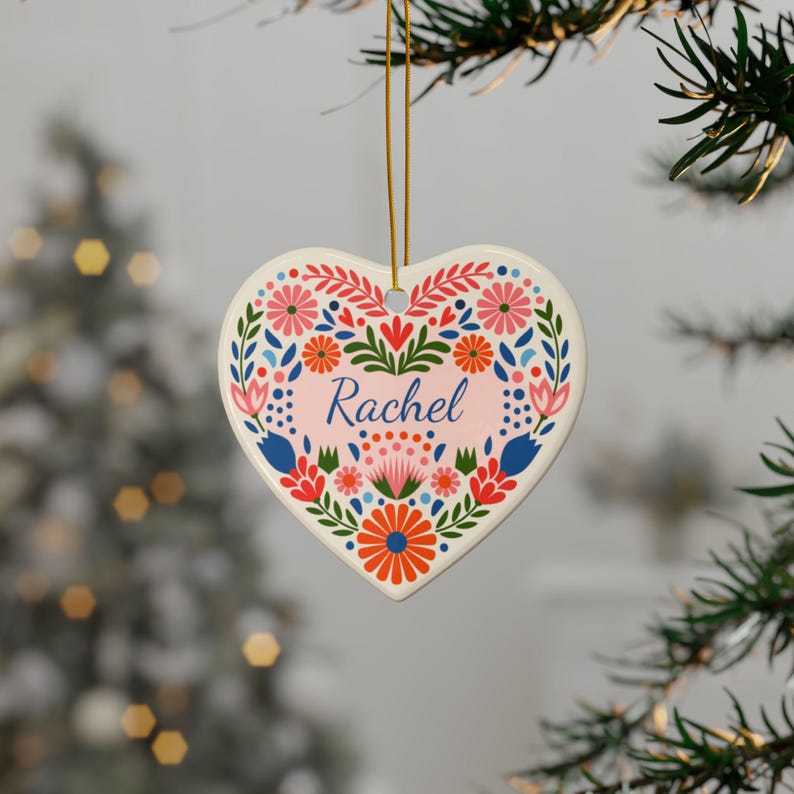 Personalized Heart with Scandinavian Folk Art | Retro Nordic Design on a Heart-shaped Ceramic Ornament | Custom Name Gift
