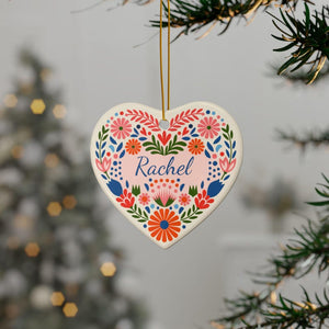 Personalized Heart with Scandinavian Folk Art | Retro Nordic Design on a Heart-shaped Ceramic Ornament | Custom Name Gift