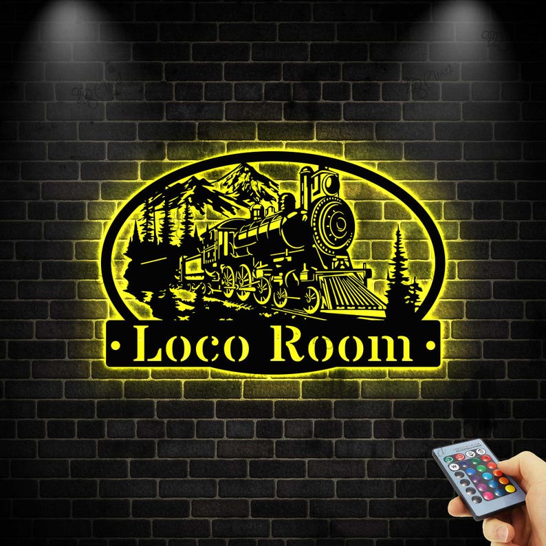 Personalized Train Metal Sign LED light: Powder Coated Metal Steam Engine Train Sign