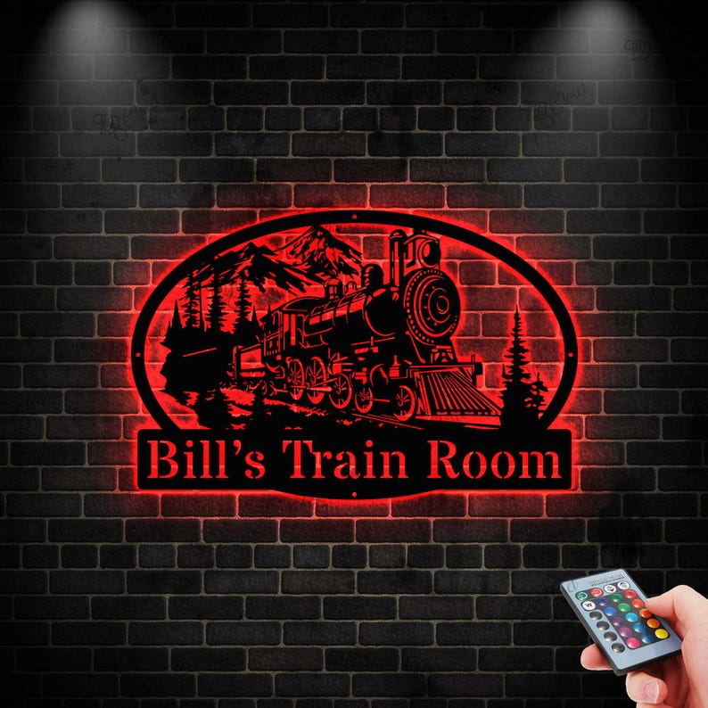 Personalized Train Metal Sign LED light: Powder Coated Metal Steam Engine Train Sign