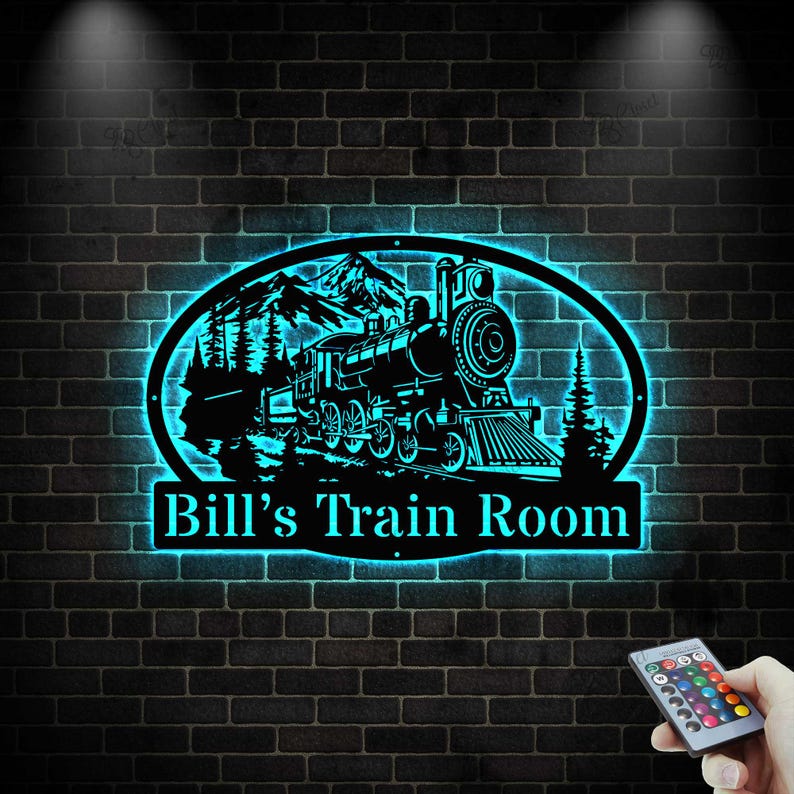 Personalized Train Metal Sign LED light: Powder Coated Metal Steam Engine Train Sign