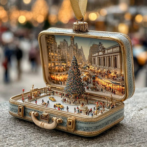 New York Christmas Square 2D FLAT ORNAMENT, Mini Suitcase City Scene, Holiday Tree NYC Winter Village Decor