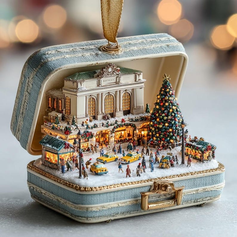 New York Christmas Square 2D FLAT ORNAMENT, Mini Suitcase City Scene, Holiday Tree NYC Winter Village Decor