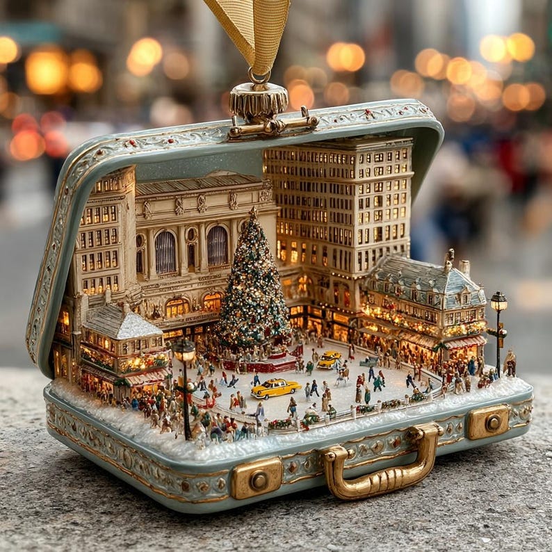 New York Christmas Square 2D FLAT ORNAMENT, Mini Suitcase City Scene, Holiday Tree NYC Winter Village Decor