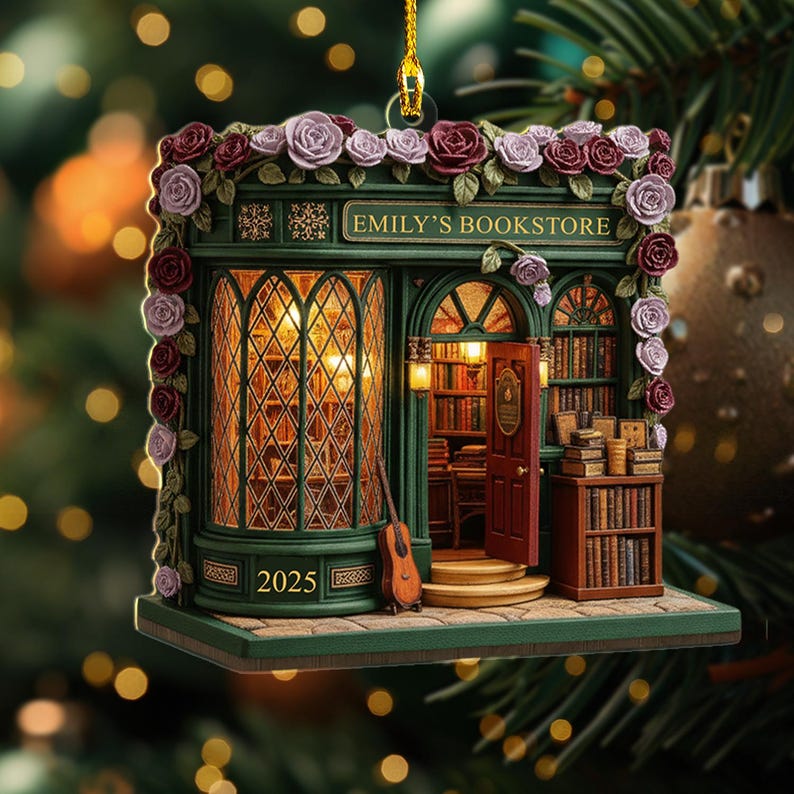 Personalized Bookstore Ornament 2025, Custom Name Book Store Gifts, Book Lover Christmas, 2D Flat Wooden Miniature Library, Reader Bookshelf