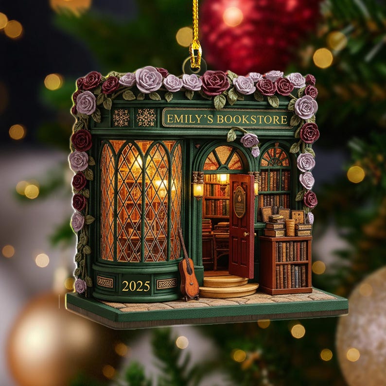 Personalized Bookstore Ornament 2025, Custom Name Book Store Gifts, Book Lover Christmas, 2D Flat Wooden Miniature Library, Reader Bookshelf