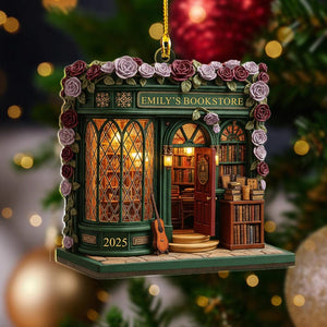Personalized Bookstore Ornament 2025, Custom Name Book Store Gifts, Book Lover Christmas, 2D Flat Wooden Miniature Library, Reader Bookshelf