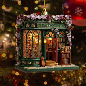 Personalized Bookstore Ornament 2025, Custom Name Book Store Gifts, Book Lover Christmas, 2D Flat Wooden Miniature Library, Reader Bookshelf