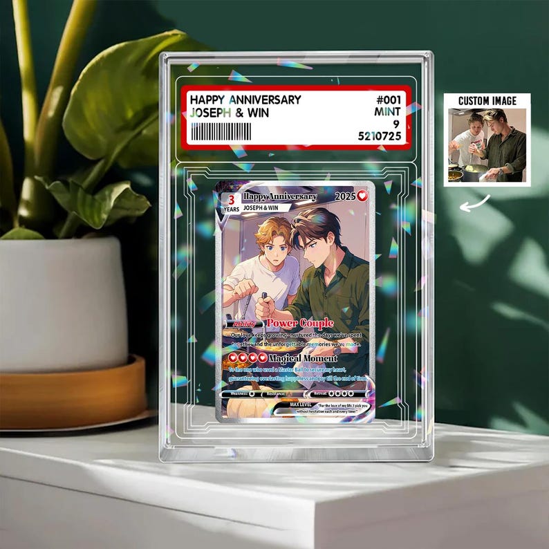 Personalized Poke Love Acrylic Card, Custom Anime Couple Gift with Photo, Unique Anniversary Present for Gamer Boyfriend, LGBT Couple Gift