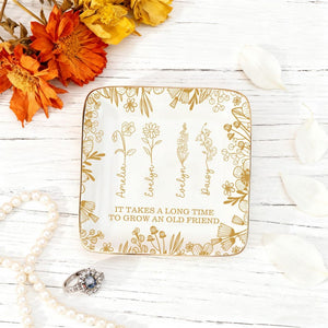 Custom Birth Flower Ring Dish, Personalized Friendship Jewelry Dish, It Takes a Long Time to Grow an Old Friend, Besties Gift, Birthday Gift
