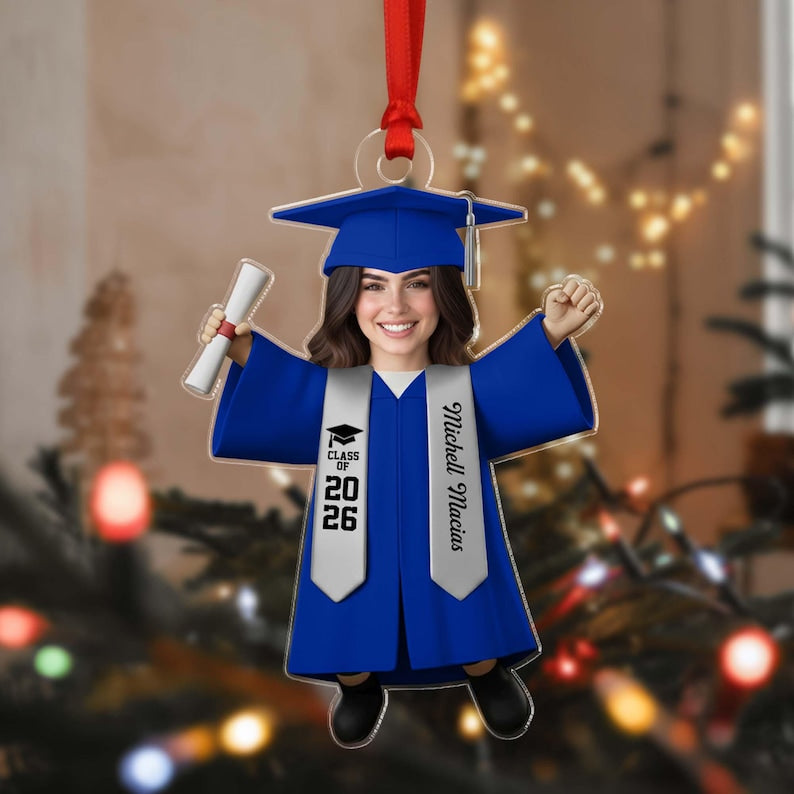 Personalized Graduate Ornament with Photo, Custom Face Graduation Bauble, Grad Class of 2026 Decor, Masters Degree Graduation Gift
