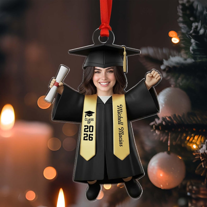 Personalized Graduate Ornament with Photo, Custom Face Graduation Bauble, Grad Class of 2026 Decor, Masters Degree Graduation Gift