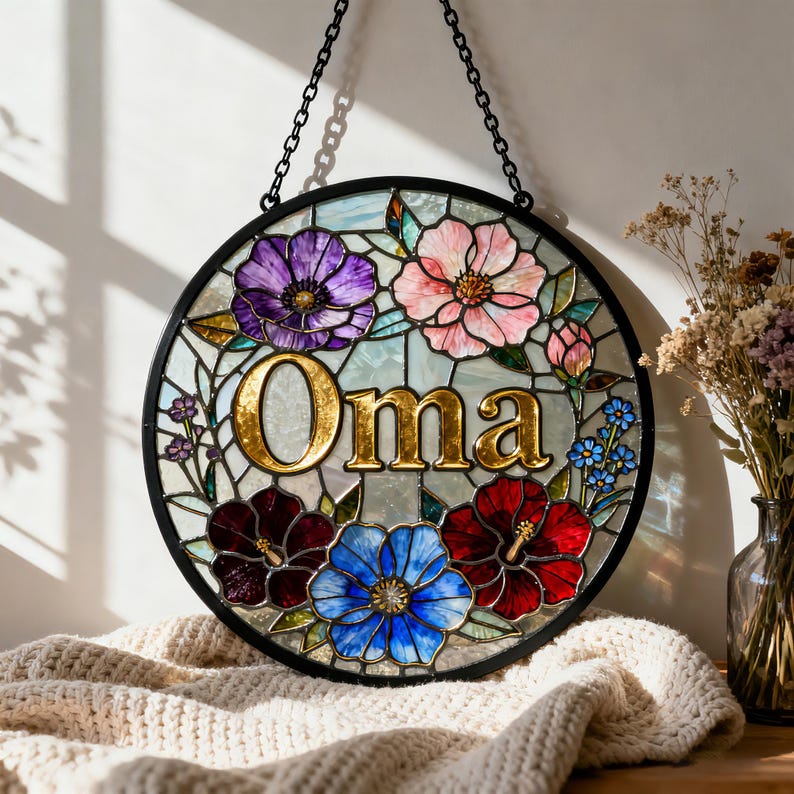 Personalized Stained Glass Sun Catcher, Custom Floral Name Sign, Hanging Window Decor, Gift for Mom Grandma, Mothers Day Gift
