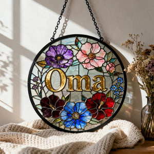 Personalized Stained Glass Sun Catcher, Custom Floral Name Sign, Hanging Window Decor, Gift for Mom Grandma, Mothers Day Gift