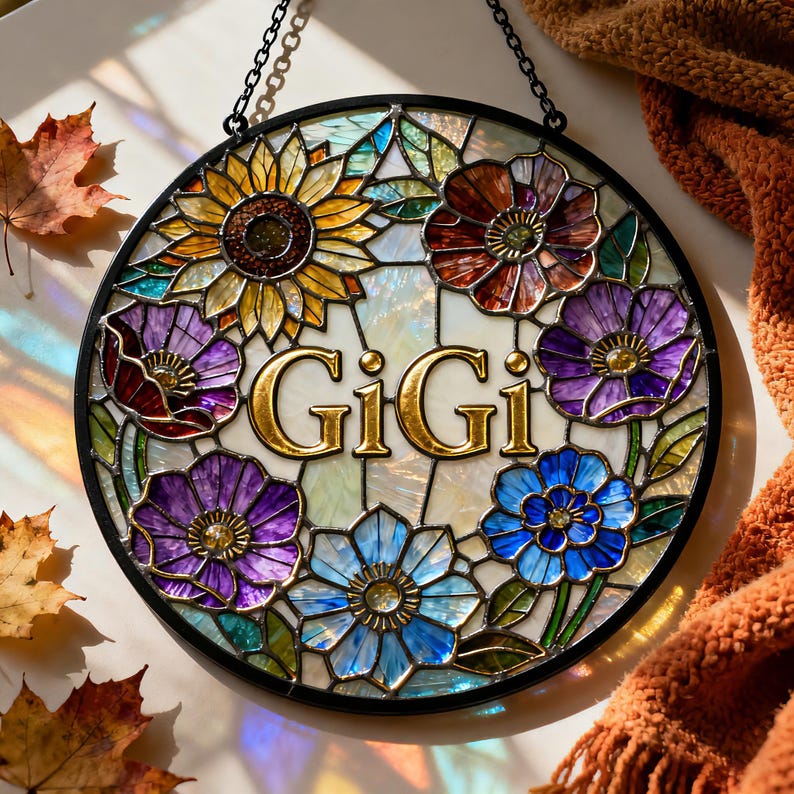 Personalized Stained Glass Sun Catcher, Custom Floral Name Sign, Hanging Window Decor, Gift for Mom Grandma, Mothers Day Gift