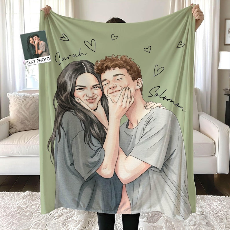 Personalized Photo Blanket,Couple Watercolor Picture Blanket With Text Throw,Besties Gift,Anniversary Gift,Family Portrait Blanket,Xmas Gift