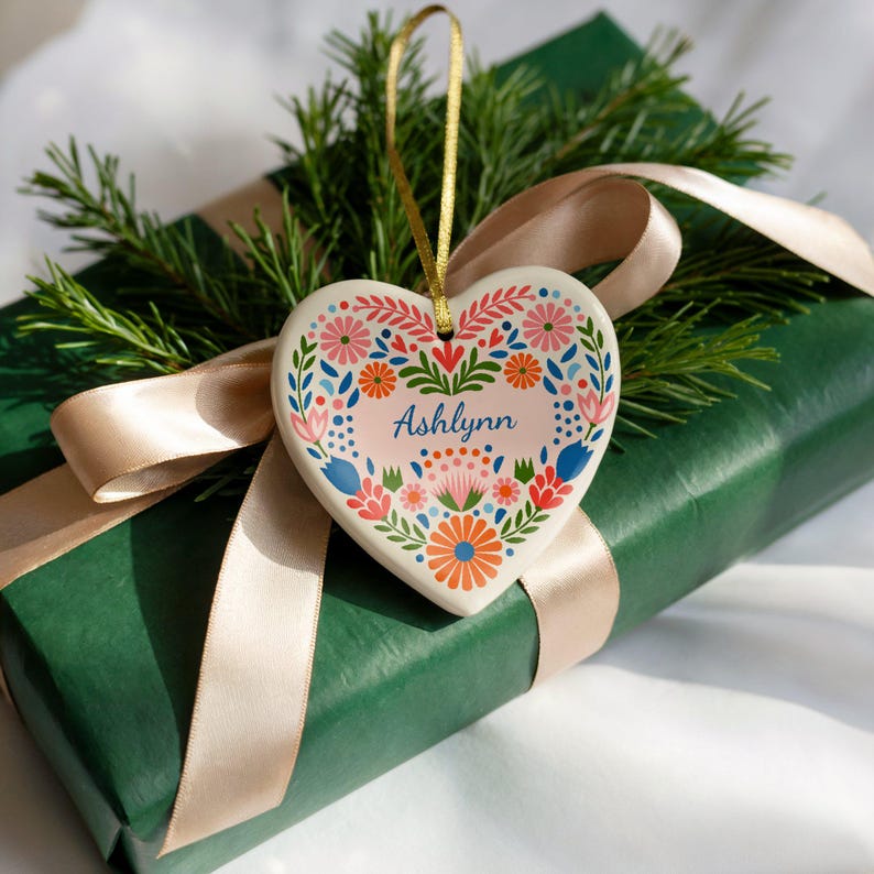 Personalized Heart with Scandinavian Folk Art | Retro Nordic Design on a Heart-shaped Ceramic Ornament | Custom Name Gift