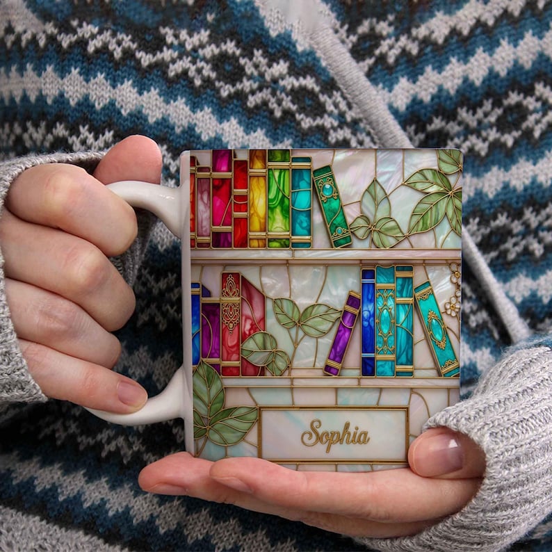 Personalized Stained Glass Bookshelf Print Ceramic Mug Custom Book Lover Gift