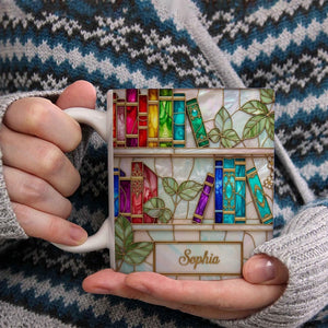 Personalized Stained Glass Bookshelf Print Ceramic Mug Custom Book Lover Gift