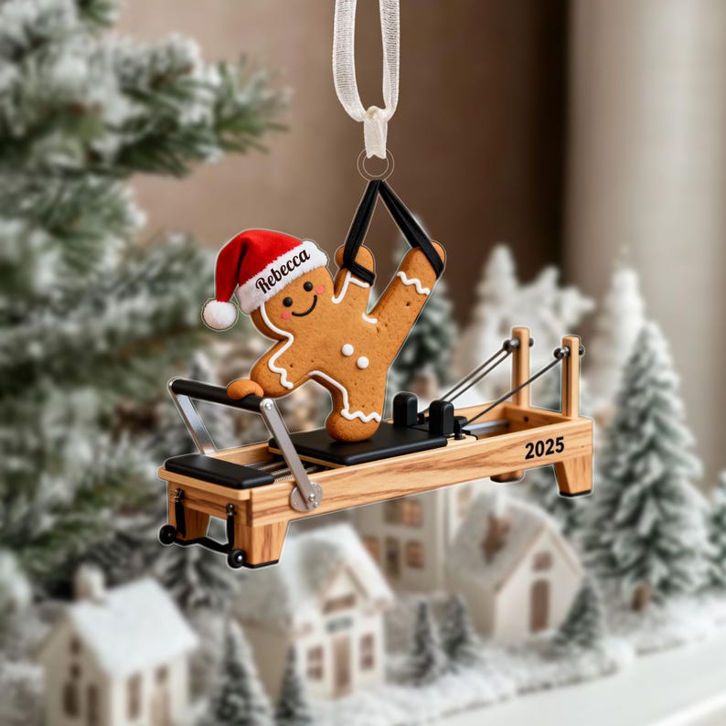 Gingerbread Pilates Christmas Ornament, Custom Name Pilate Lover Gift,Santa Hat Reformer Decor,Cute Fitness Christmas Gift,Xmas Gift for Her
