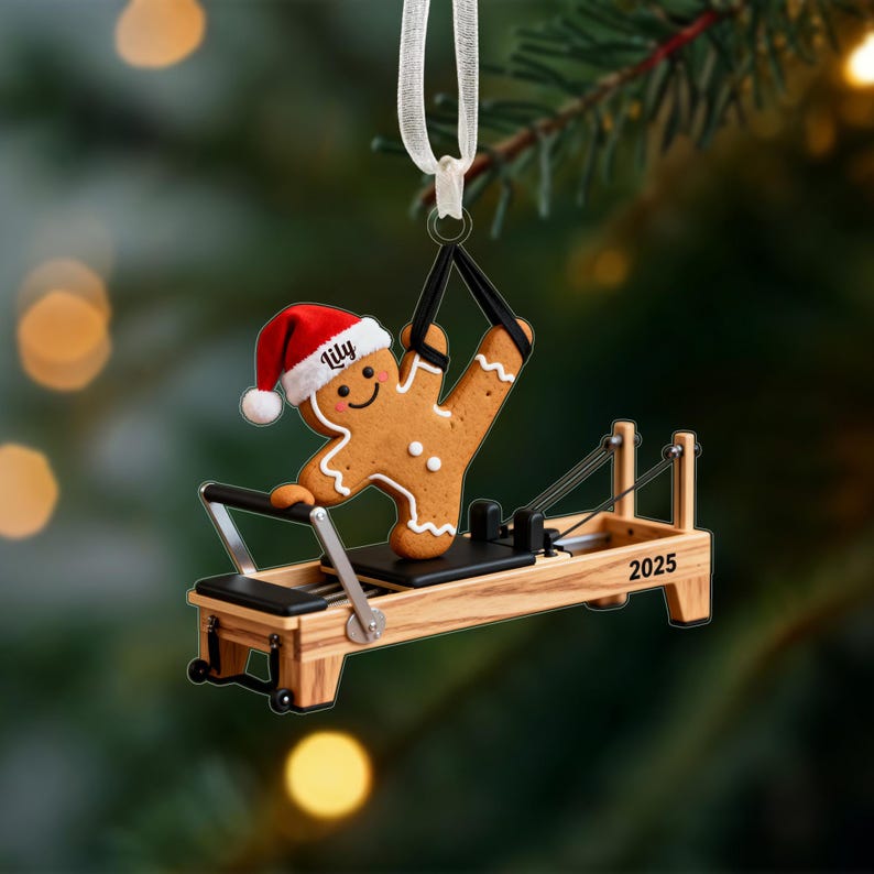 Gingerbread Pilates Christmas Ornament, Custom Name Pilate Lover Gift,Santa Hat Reformer Decor,Cute Fitness Christmas Gift,Xmas Gift for Her