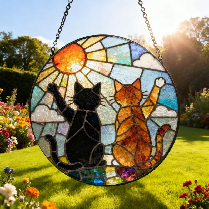Charming Black Orange Cat Couple Garden Suncatcher Stained Glass Dog Pet Window Hanging Glass Ornament Mom Gift