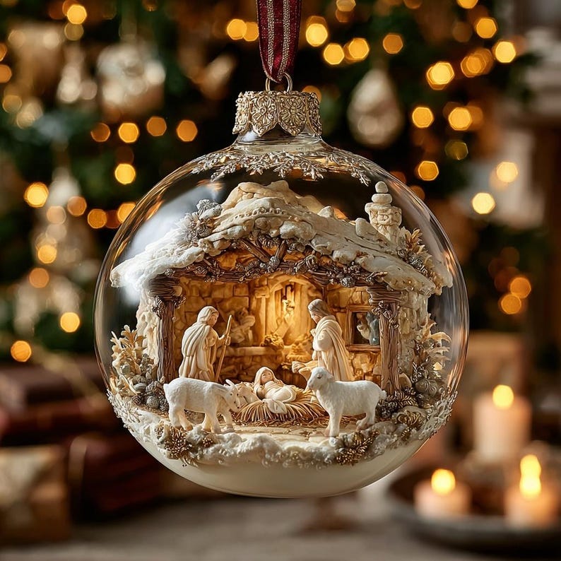 Nativity Scene 2D FLAT ORNAMENT, Holy Family Christmas Decor, Blessed Manger Glass Ball Ornament Gift