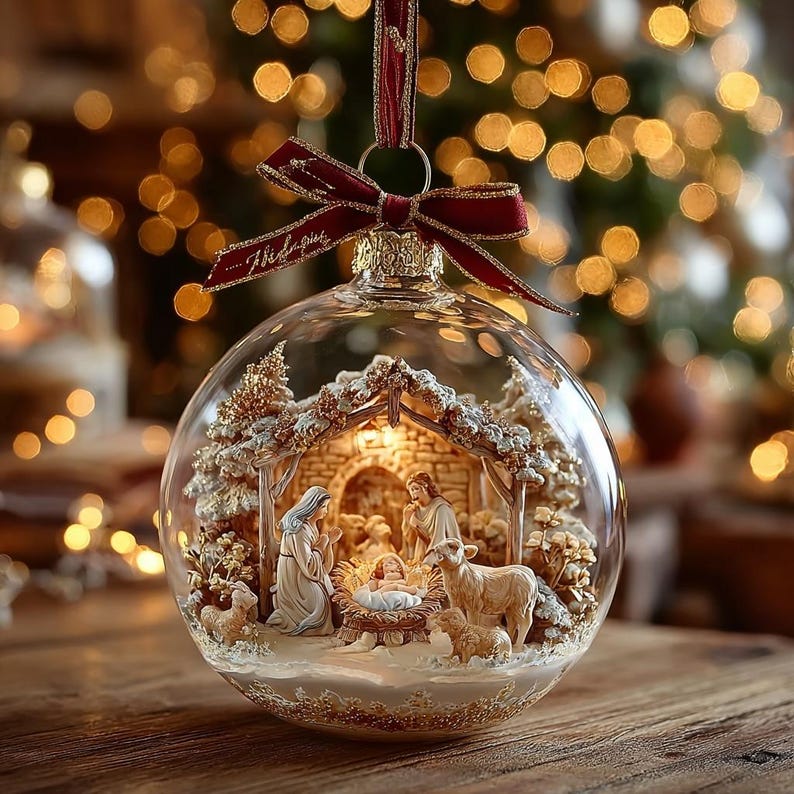 Nativity Scene 2D FLAT ORNAMENT, Holy Family Christmas Decor, Blessed Manger Glass Ball Ornament Gift