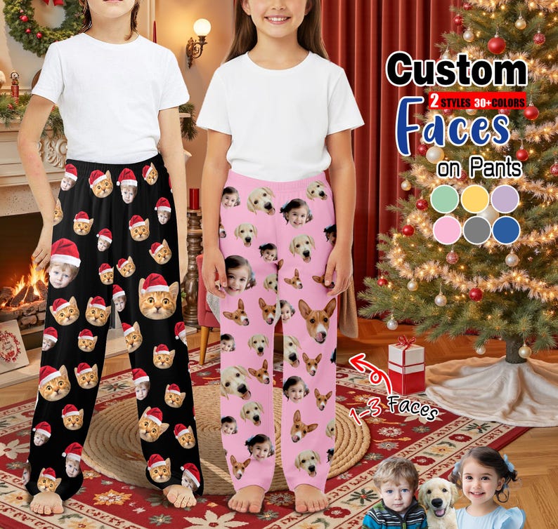 Personalized Face Kid Pajama Pants, Custom Photo Xmas Pajamas, Children Christmas Gift