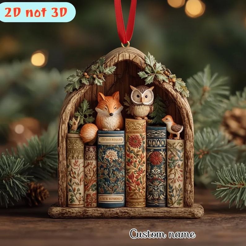 Woodland Animals Bookshelf Ornament, Fox Owl Squirrel Miniature Christmas Decor, Cozy Cottagecore Literary Tree Decoration, Unique Gift