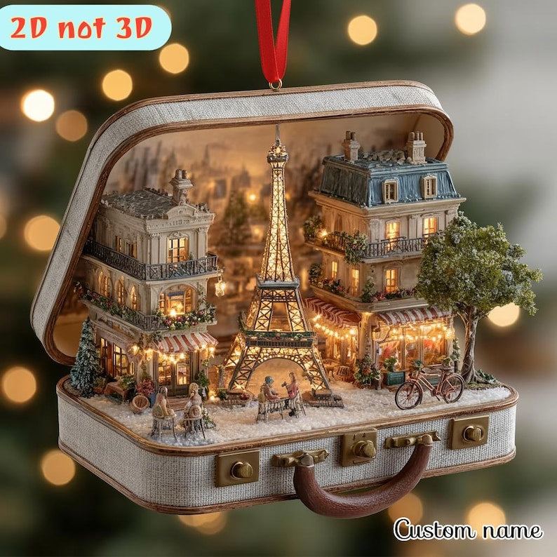 Lighted Paris Suitcase Ornament, Eiffel Tower Christmas Decor, Miniature Diorama, Parisian Scene Holiday Gift, Travel Theme Decoration