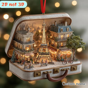 Lighted Paris Suitcase Ornament, Eiffel Tower Christmas Decor, Miniature Diorama, Parisian Scene Holiday Gift, Travel Theme Decoration