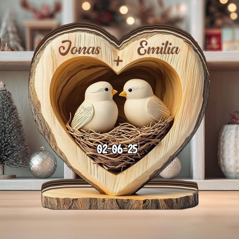 Personalized Lovebirds Wooden Heart, Custom Anniversary Gift