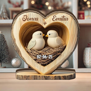 Personalized Lovebirds Wooden Heart, Custom Anniversary Gift