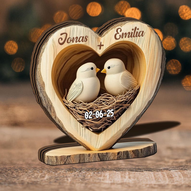 Personalized Lovebirds Wooden Heart, Custom Anniversary Gift