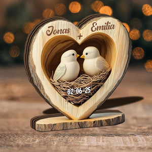 Personalized Lovebirds Wooden Heart, Custom Anniversary Gift