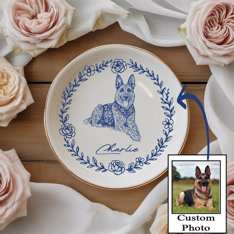 Custom Dog Cat Jewelry Dish, Toile De Jouy Pet Ring Dish , Personalized Pet Portrait Ceramic Christmas , Pet Mom Photo Gift, Pet Lover Gift